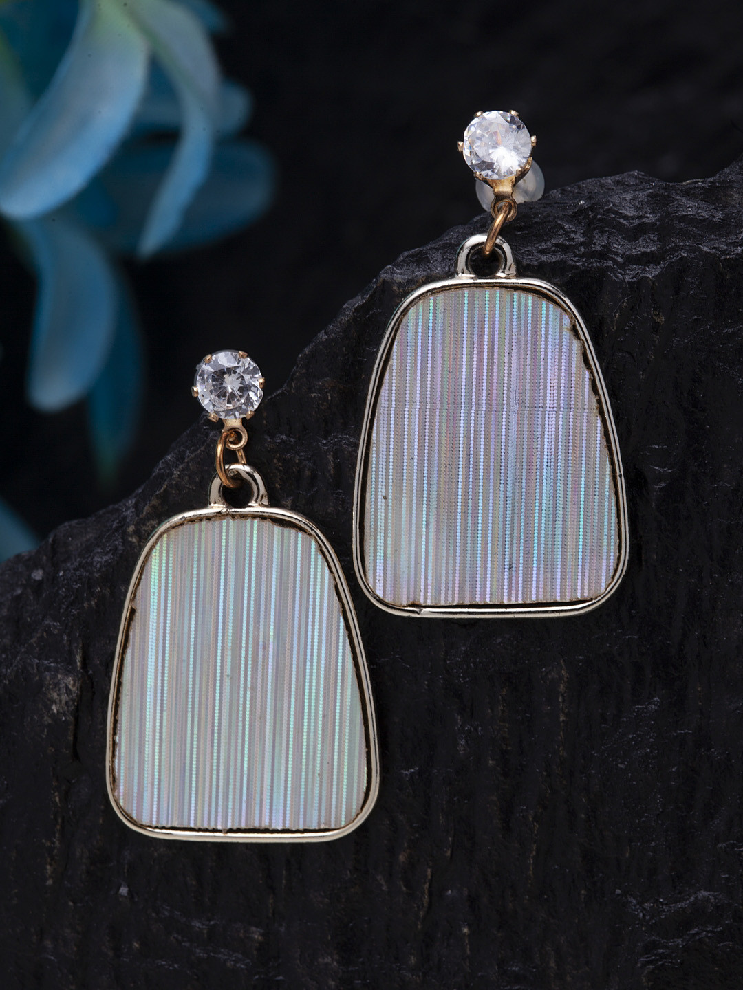 

SASSAFRAS Silver-Toned Gold-Plated CZ Studded Handcrafted Geometric Drop Earrings