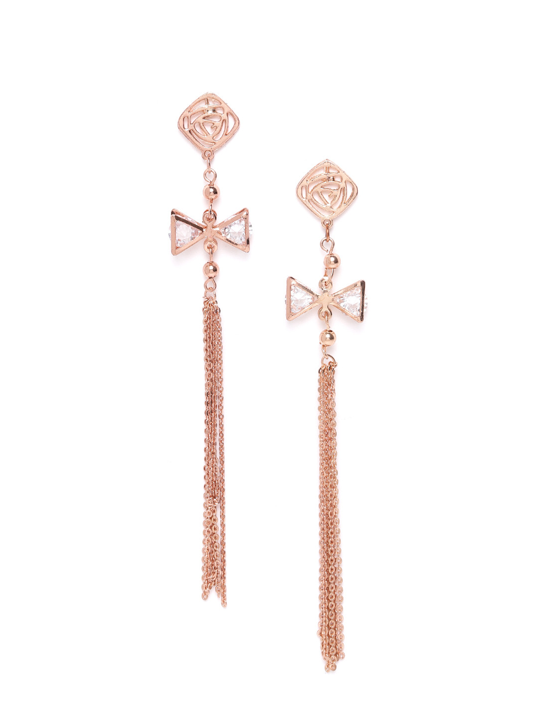

SASSAFRAS Rose Gold-Plated Stone-Studded Tasselled Handcrafted Contemporary Drop Earrings
