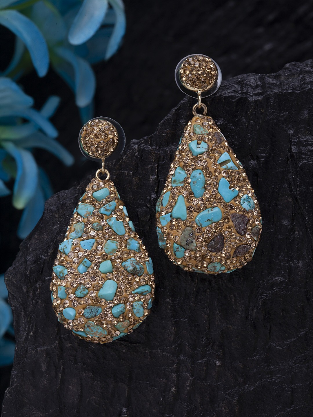 

SASSAFRAS Blue Gold-Plated CZ Studded Handcrafted Teardrop Shaped Drop Earrings