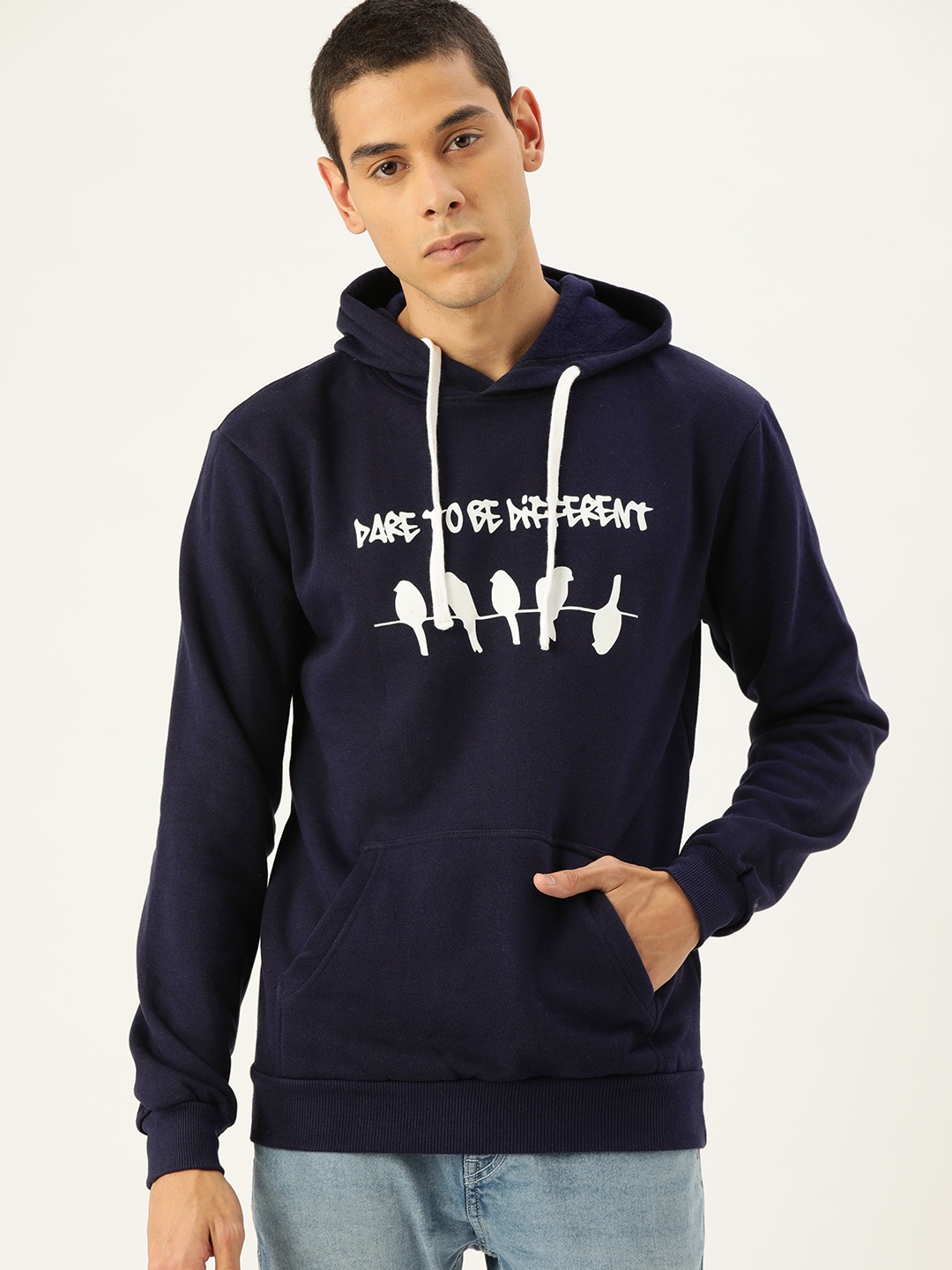 

Campus Sutra Men Navy Blue Printed Bio Wash Hooded Pullover Sweatshirt