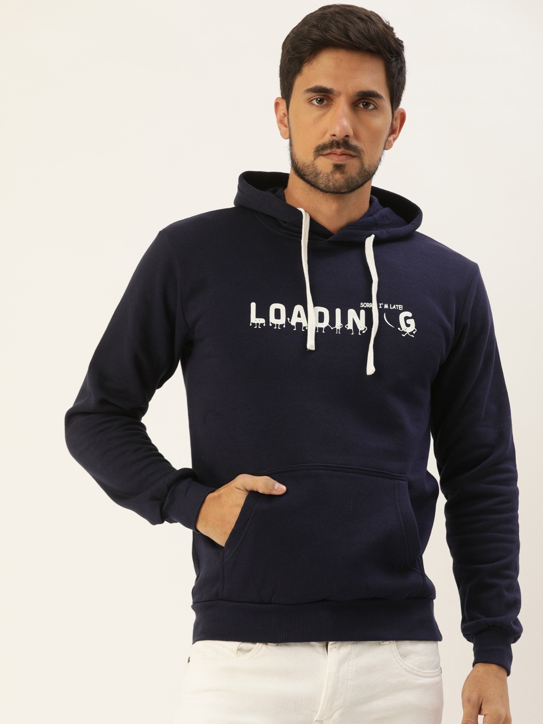 

Campus Sutra Men Navy Blue Printed Hooded Sweatshirt