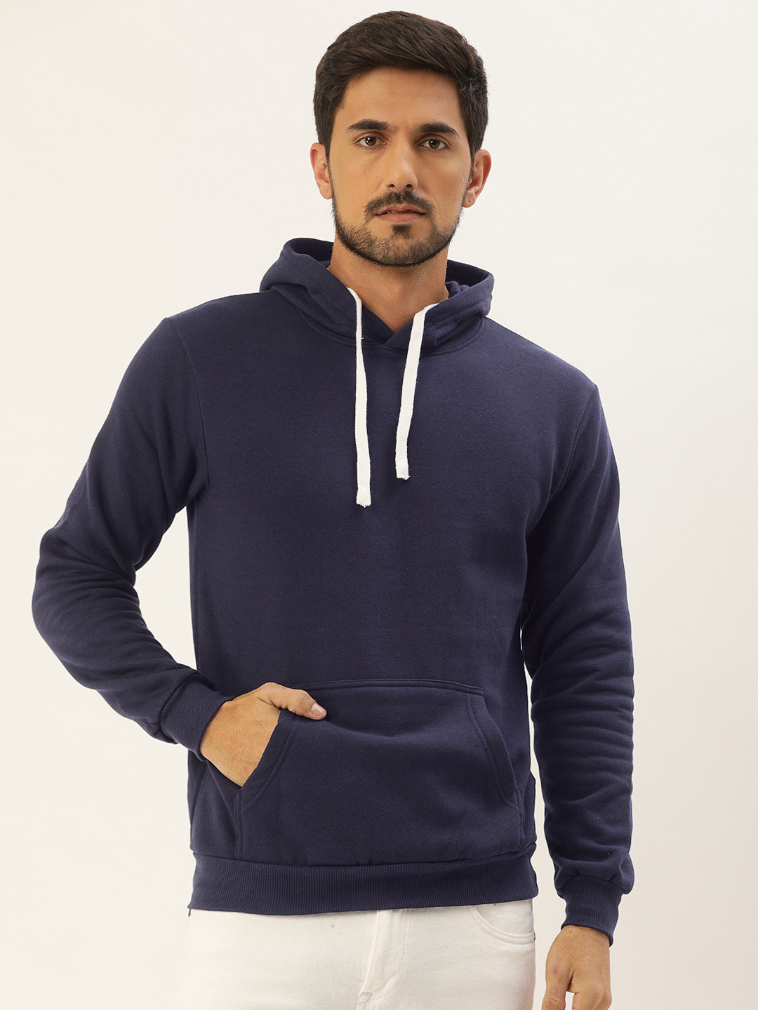

Campus Sutra Men Navy Blue Solid Hooded Sweatshirt