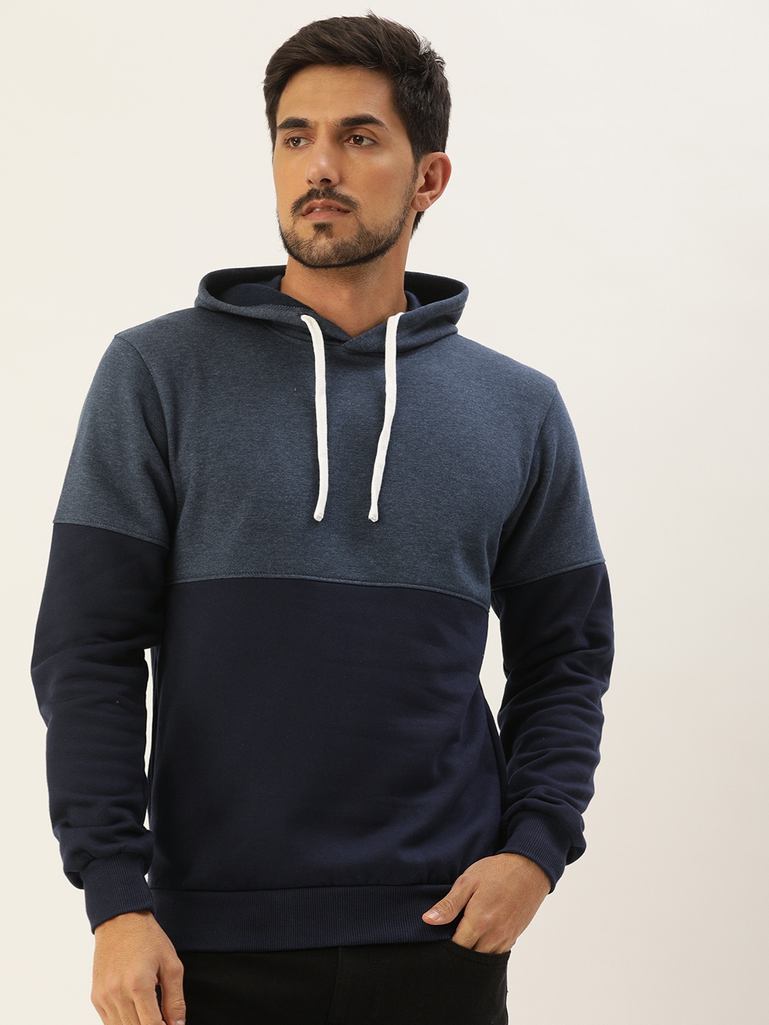 

Campus Sutra Men Blue Colourblocked Hooded Pullover Sweatshirt
