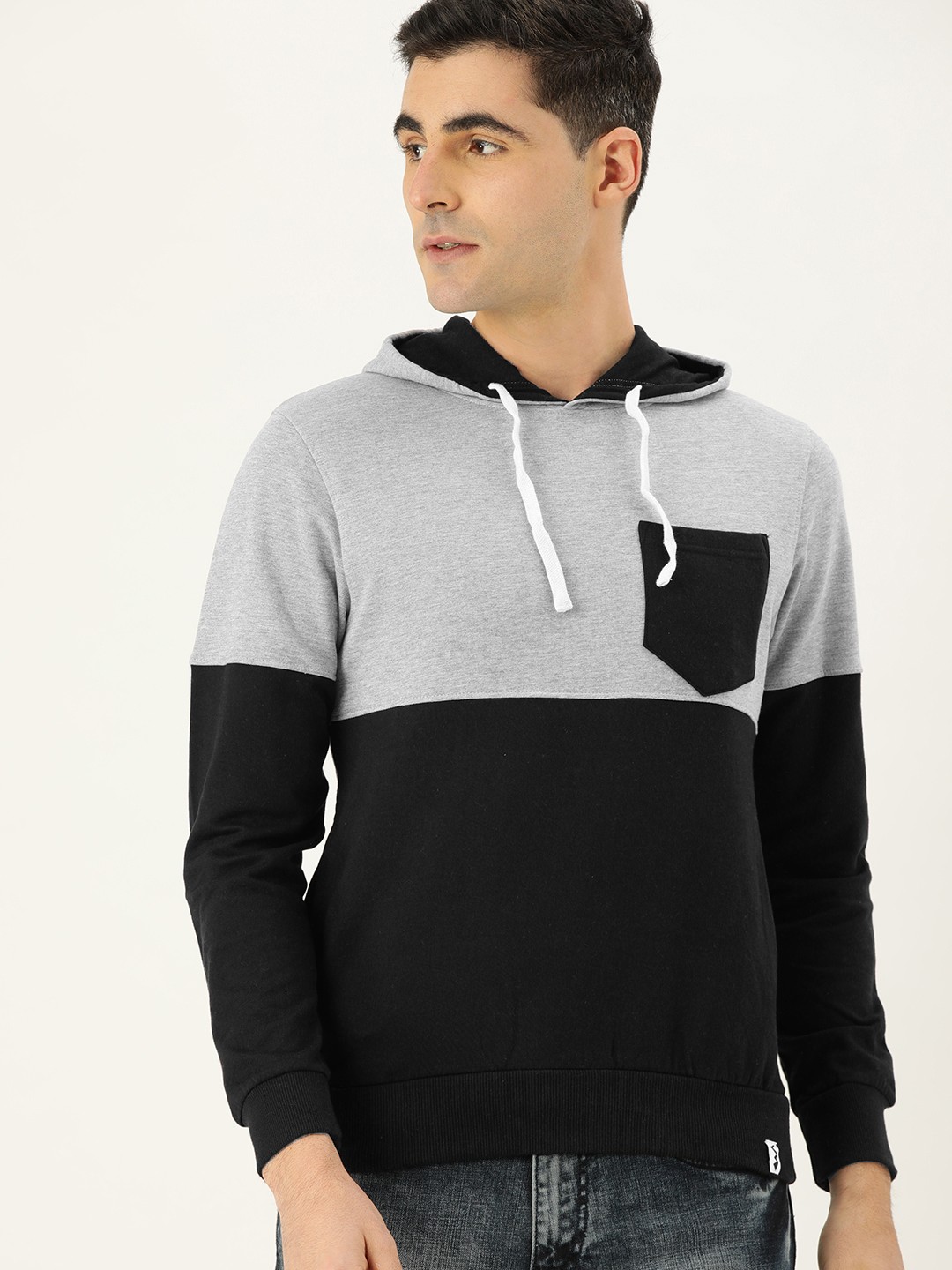 

Campus Sutra Men Black & Grey Colourblocked Hooded Pullover Sweatshirt