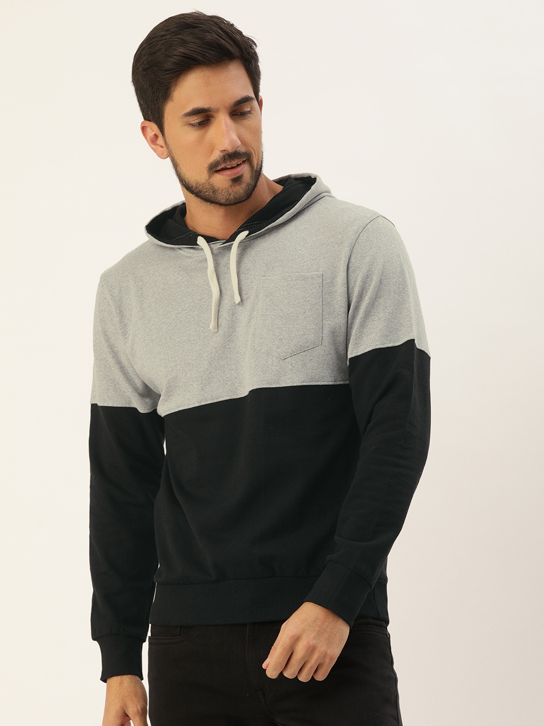 

Campus Sutra Men Black & Grey Melange Colourblocked Hooded Bio Wash Sweatshirt