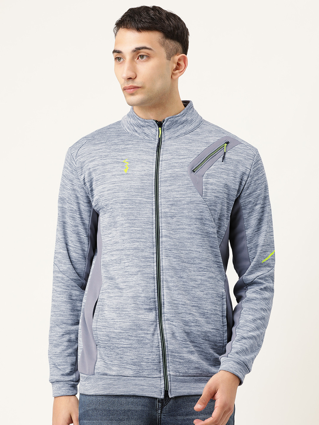 

Campus Sutra Men Grey Melange Self Design Sporty Jacket