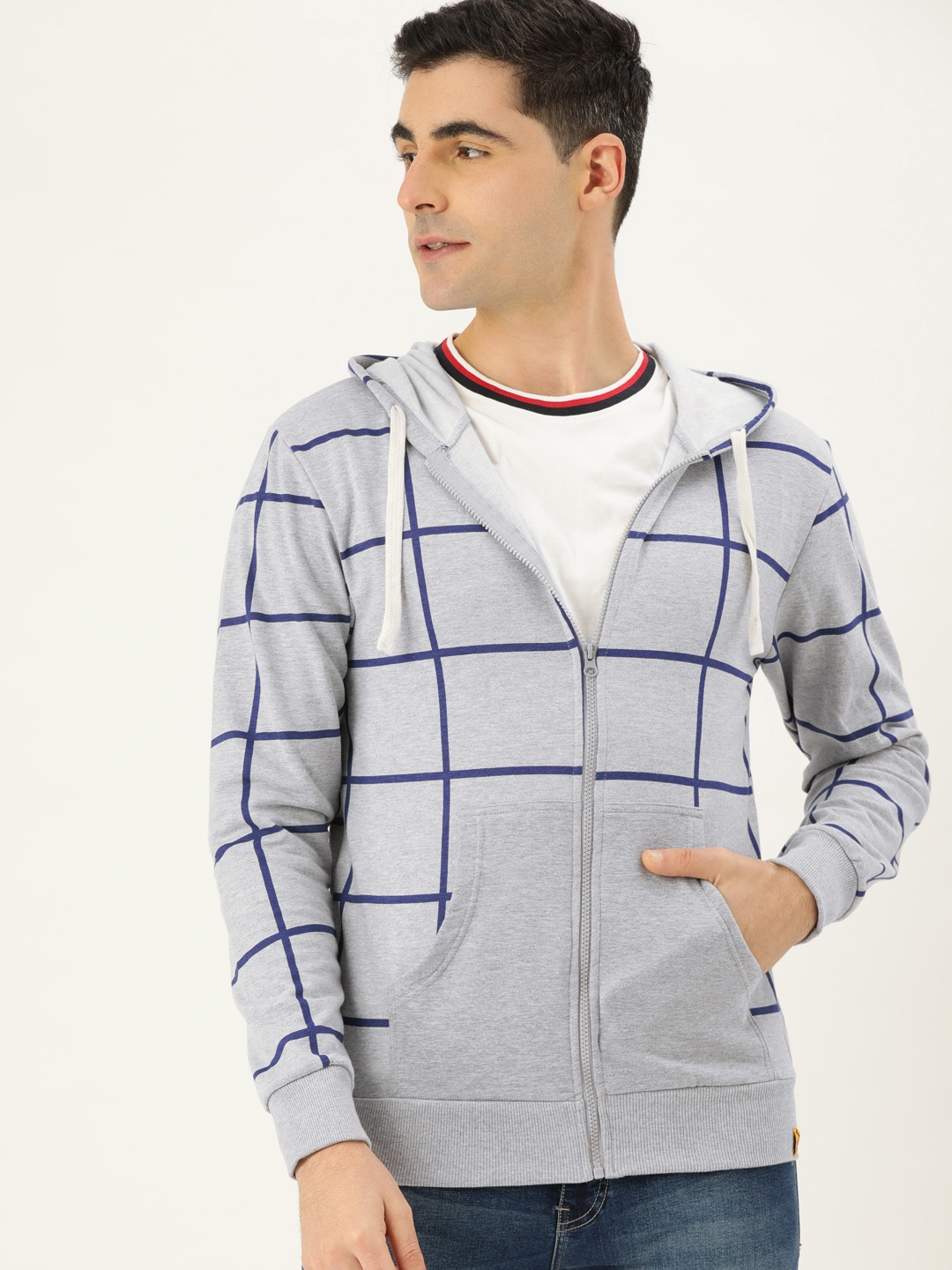 

Campus Sutra Men Grey & Blue Checked Hooded Sweatshirt