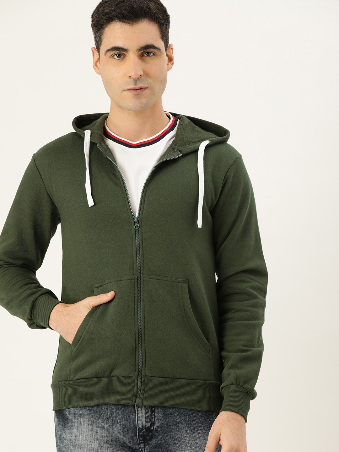 

Campus Sutra Men Olive Green Solid Hooded Front-Open Sweatshirt