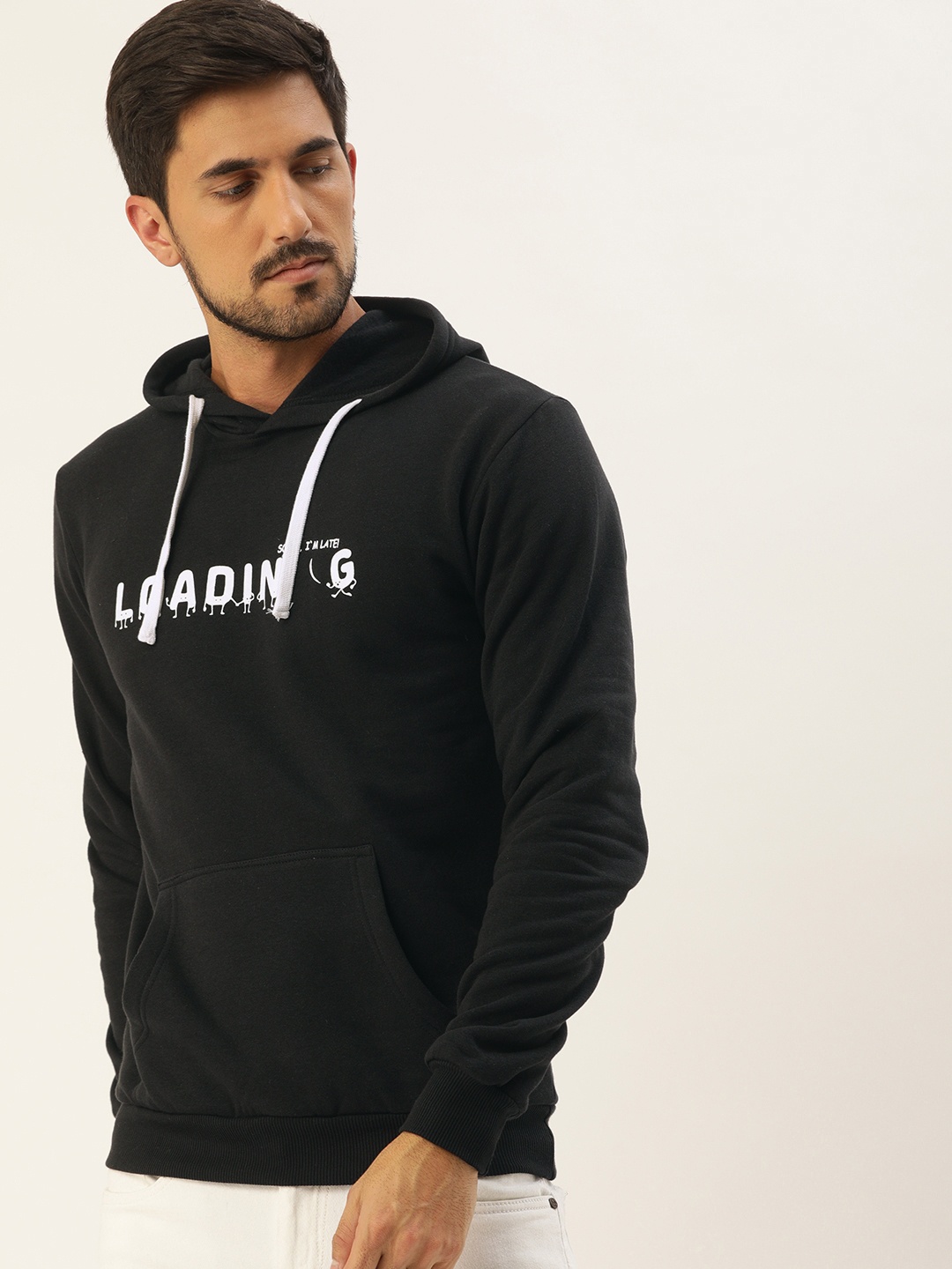 

Campus Sutra Men Black & White Printed Hooded Sweatshirt