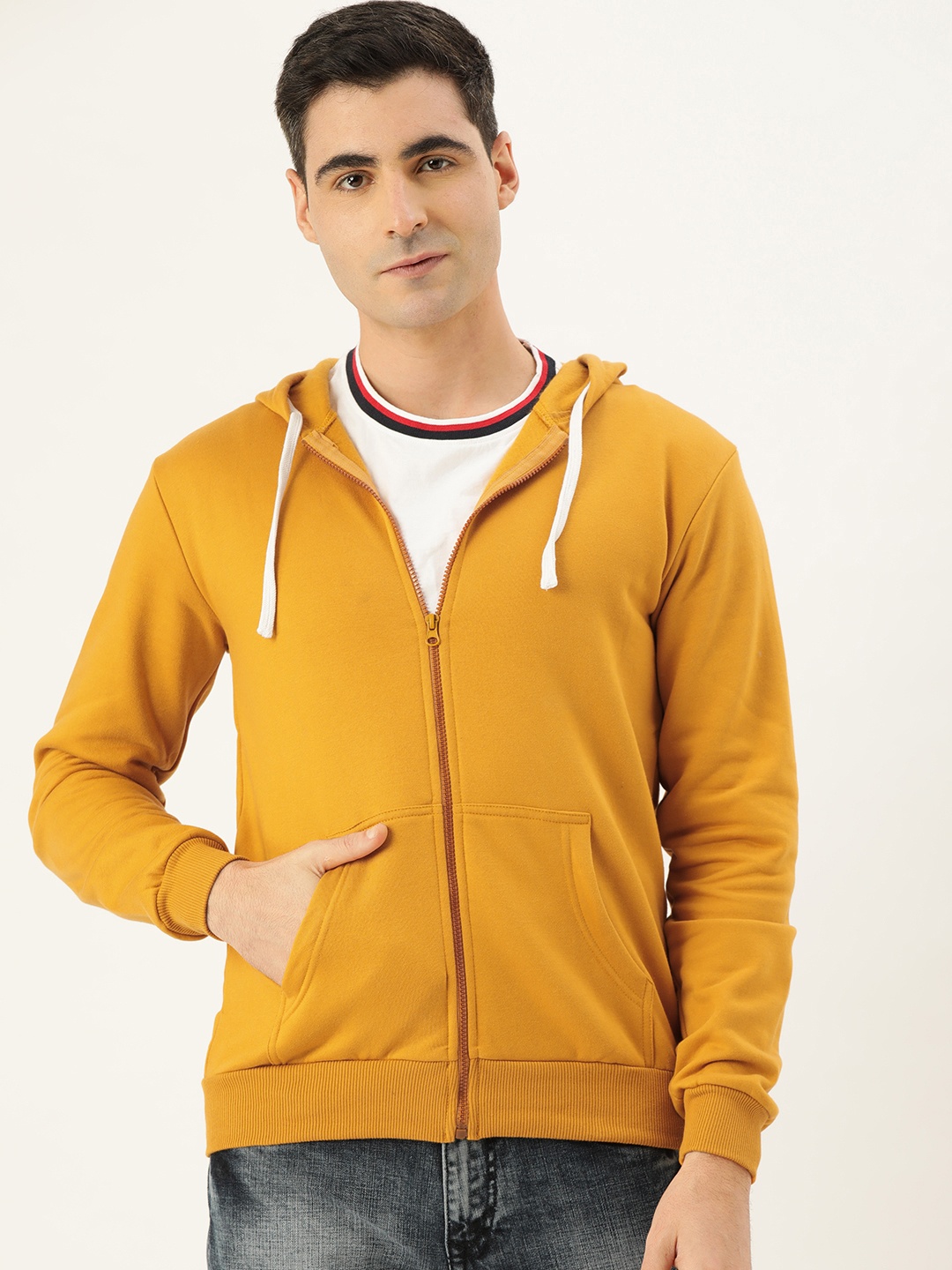 

Campus Sutra Men Mustard Yellow Solid Hooded Front-Open Sweatshirt