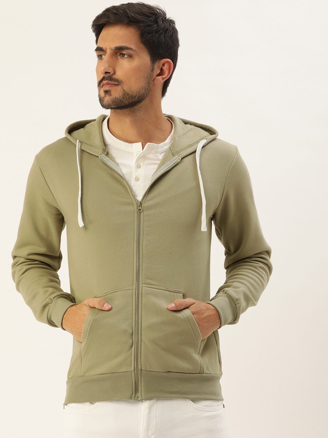 

Campus Sutra Men Olive Green Solid Hooded Sweatshirt