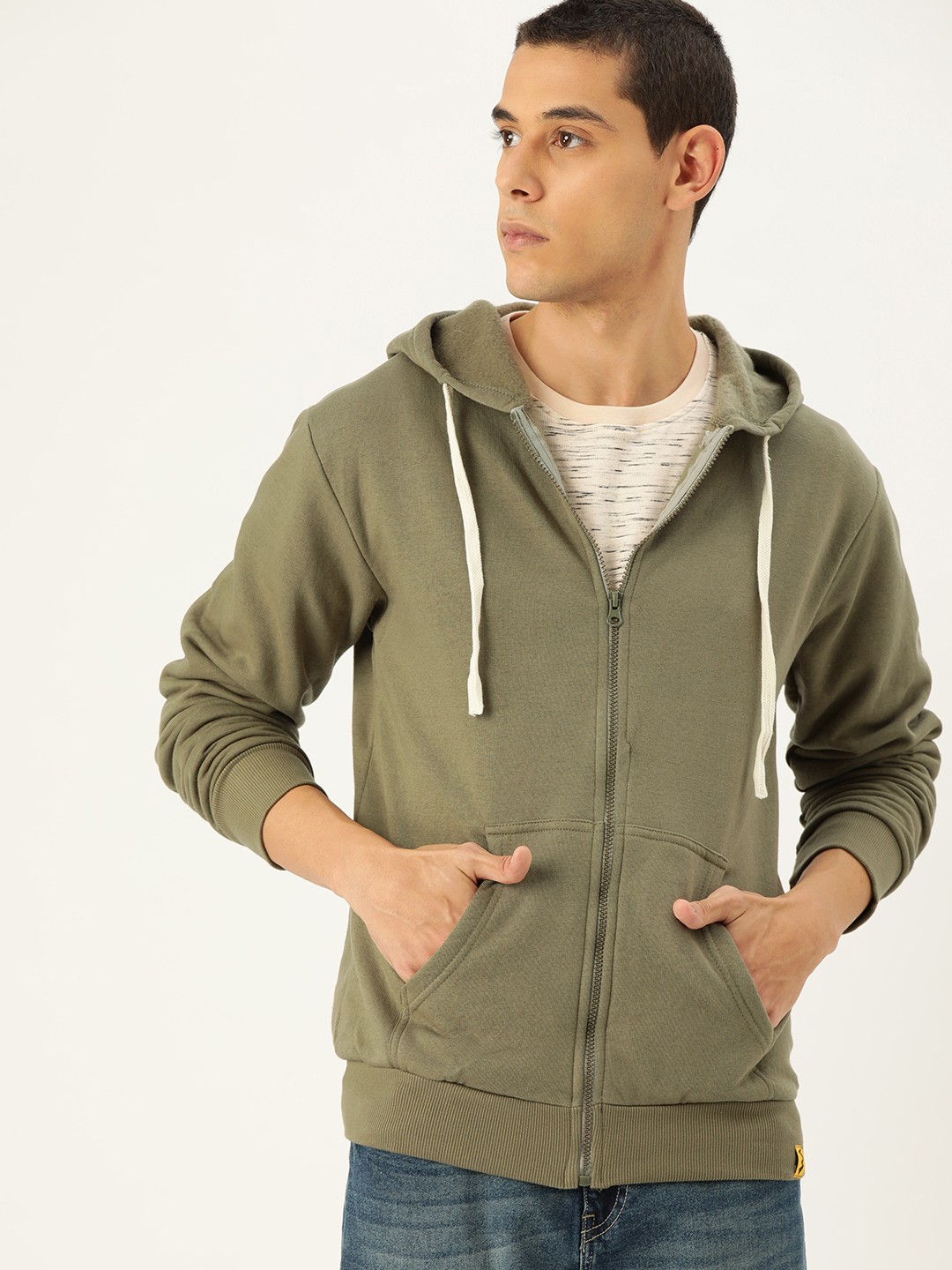 

Campus Sutra Men Olive Green Solid Hooded Sweatshirt