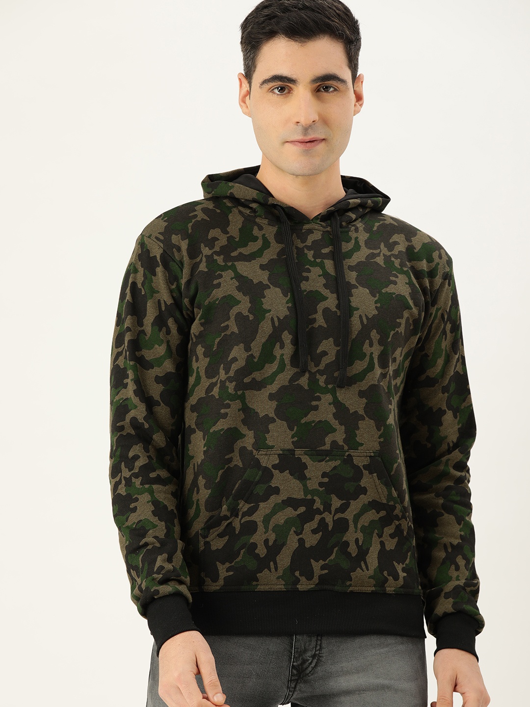 

Campus Sutra Men Olive Green & Brown Camouflage Print Bio Wash Hooded Pullover Sweatshirt