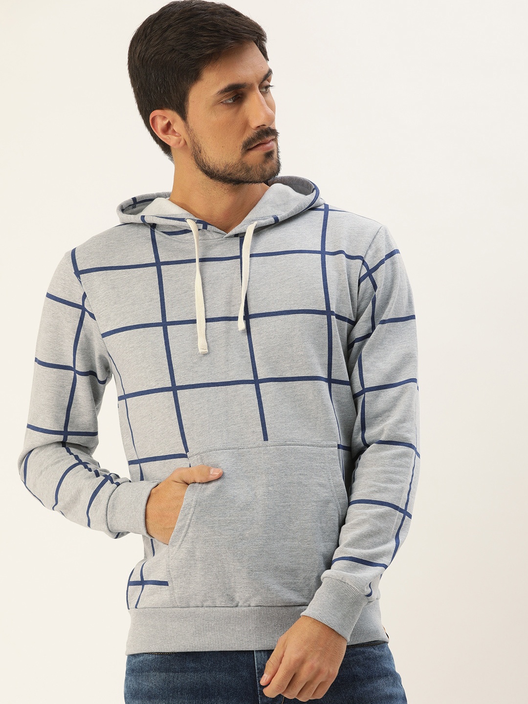 

Campus Sutra Men Grey & Navy Blue Checked Hooded Pullover Sweatshirt