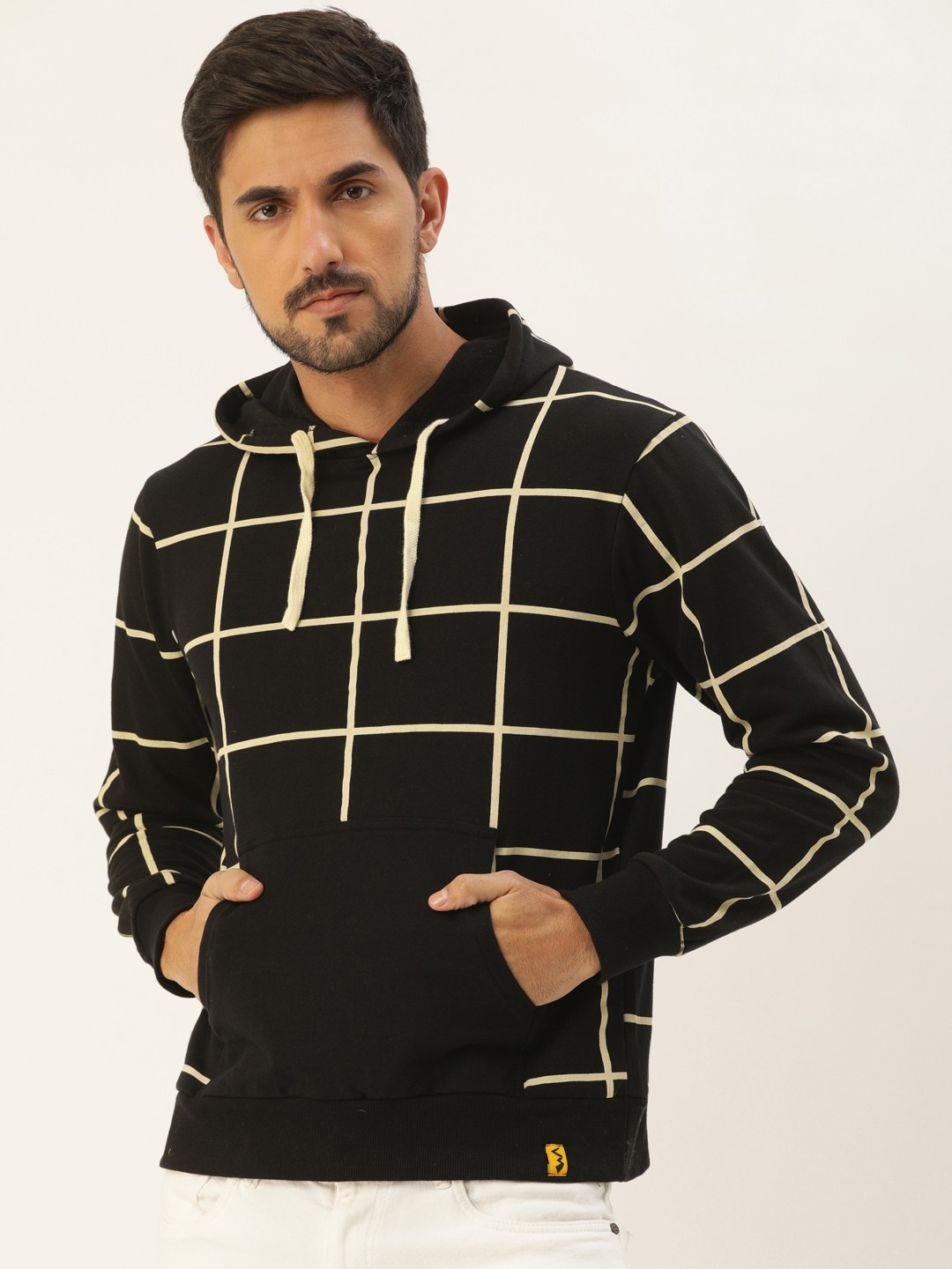 

Campus Sutra Men Black & Off-White Checked Hooded Bio Wash Sweatshirt
