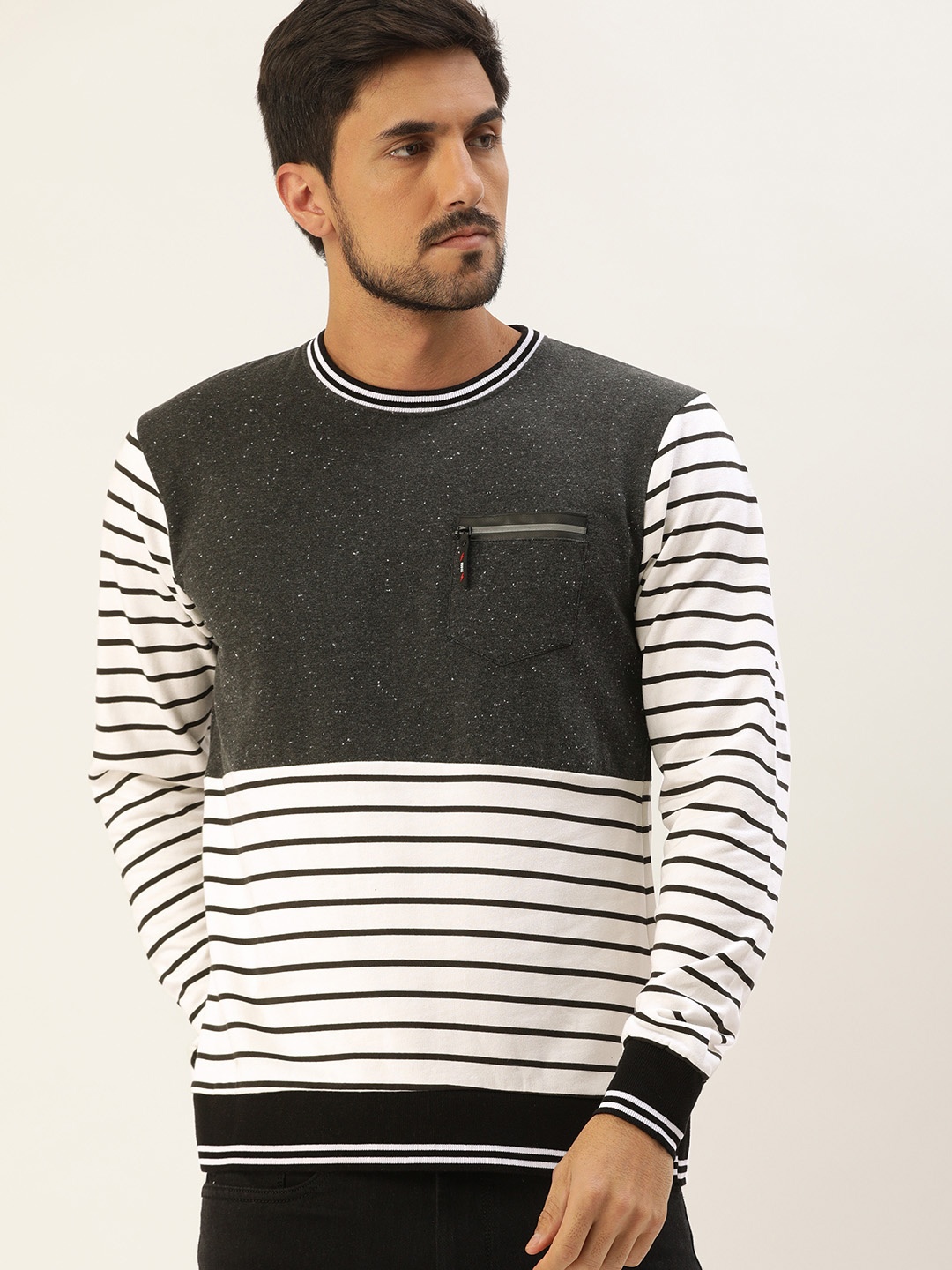 

Campus Sutra Men Charcoal Grey & White Striped Pullover Sweatshirt