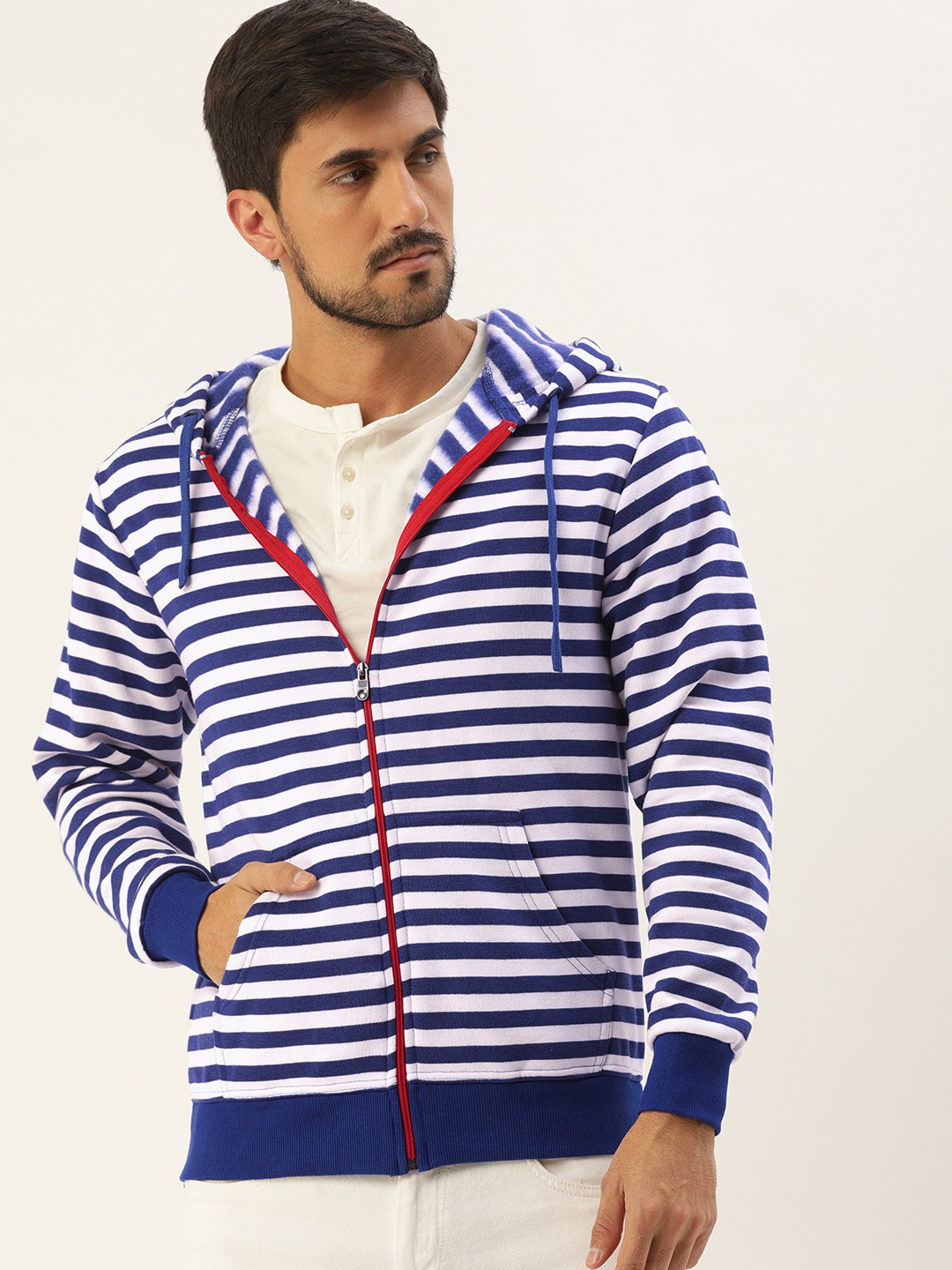 

Campus Sutra Men Blue & White Striped Hooded Sweatshirt