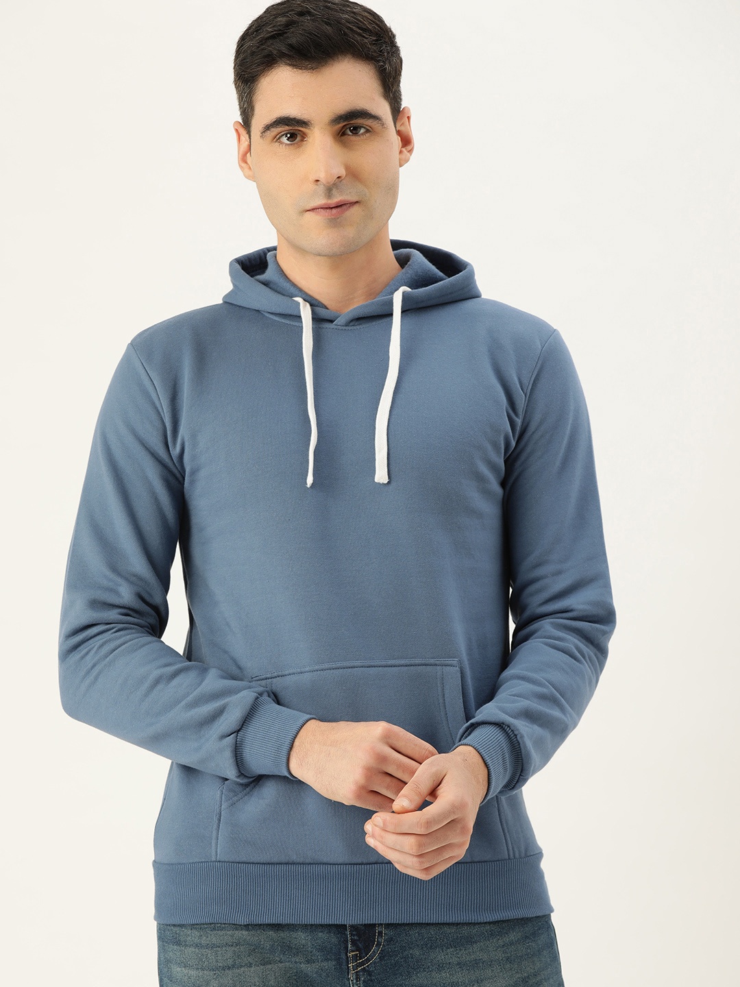 

Campus Sutra Men Blue Solid Hooded Bio Wash Sweatshirt