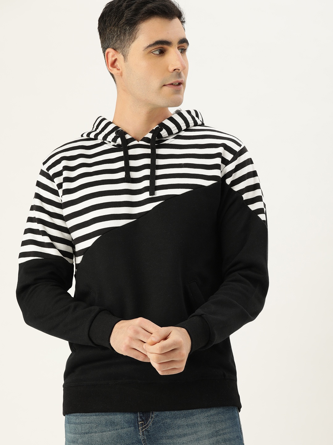 

Campus Sutra Men Black & White Striped Hooded Pullover Sweatshirt
