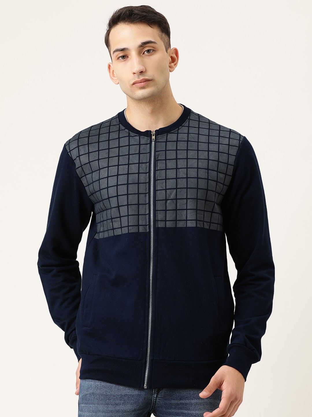 

Campus Sutra Men Navy Blue Checked Bomber Jacket