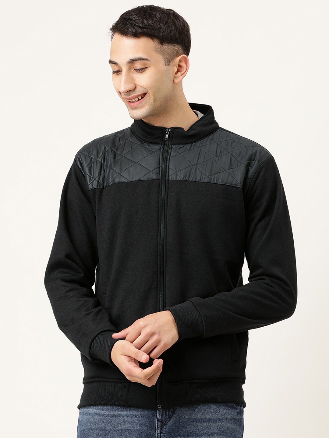 

Campus Sutra Men Black Solid Bomber With Quilted Detailing