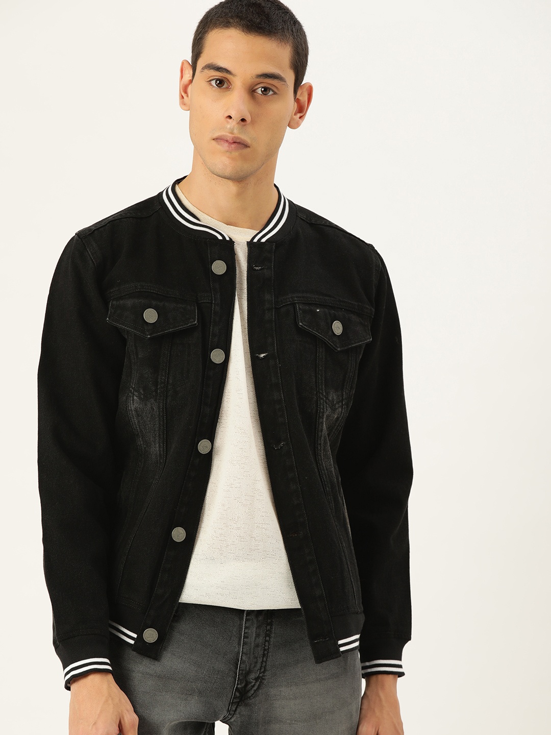 

Campus Sutra Men Black Solid Bio-Wash Denim Jacket