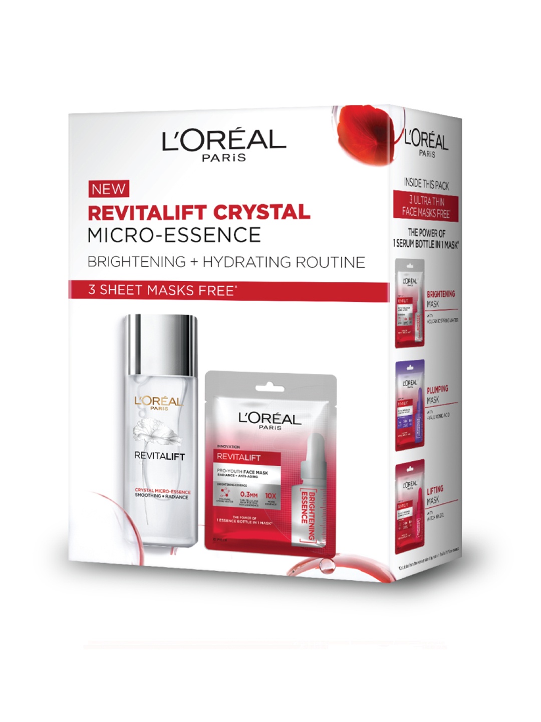 

LOreal Paris Revitalift Crystal Micro-Essence Serum & 3 Revitalift Pro Youth Sheet Masks, Red