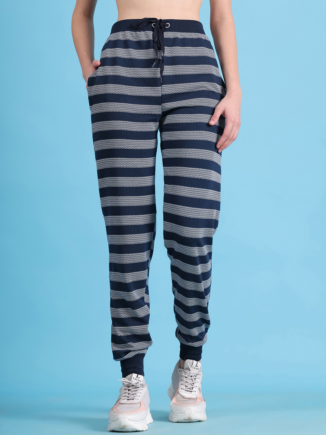 

MACK JONNEY Women Blue & White Striped Joggers, Navy blue