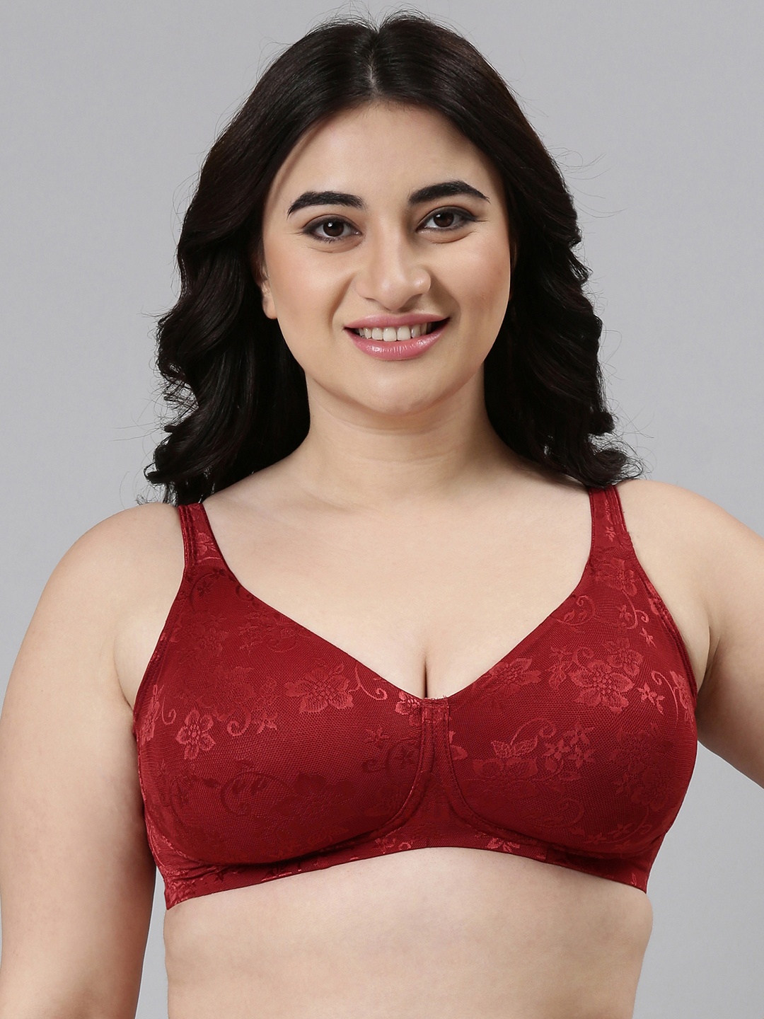 

Enamor Red Non-Wired Non Padded High Coverage Everyday Minimizer Tshirt Bra F135, Maroon