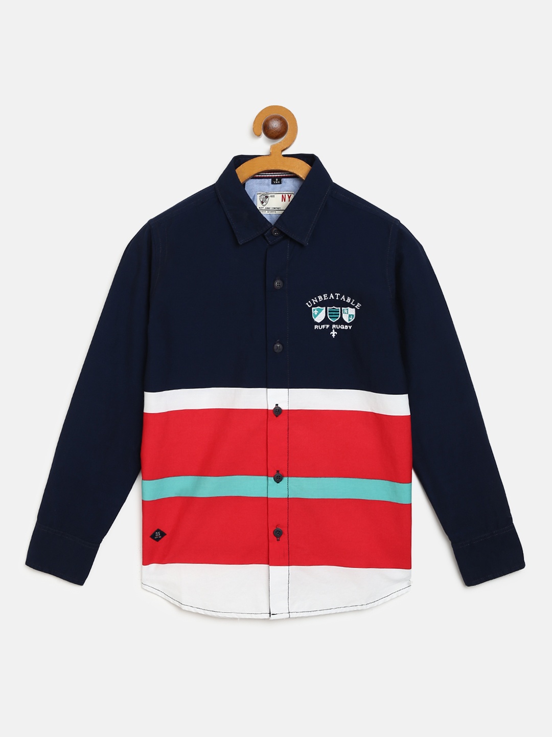 

RUFF Boys Navy Blue & Red Slim Fit Colourblocked Shirt with Applique Detail