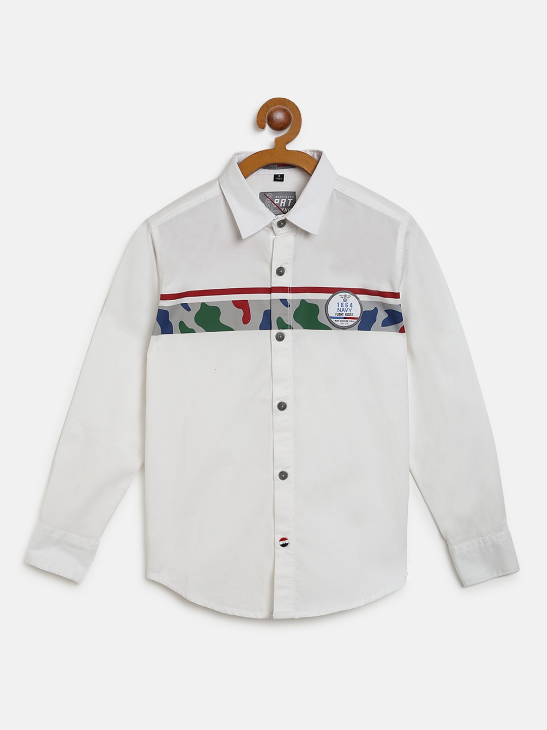 

RUFF Boys White & Grey Solid Slim Fit Casual Shirt with Camouflage Print Detail