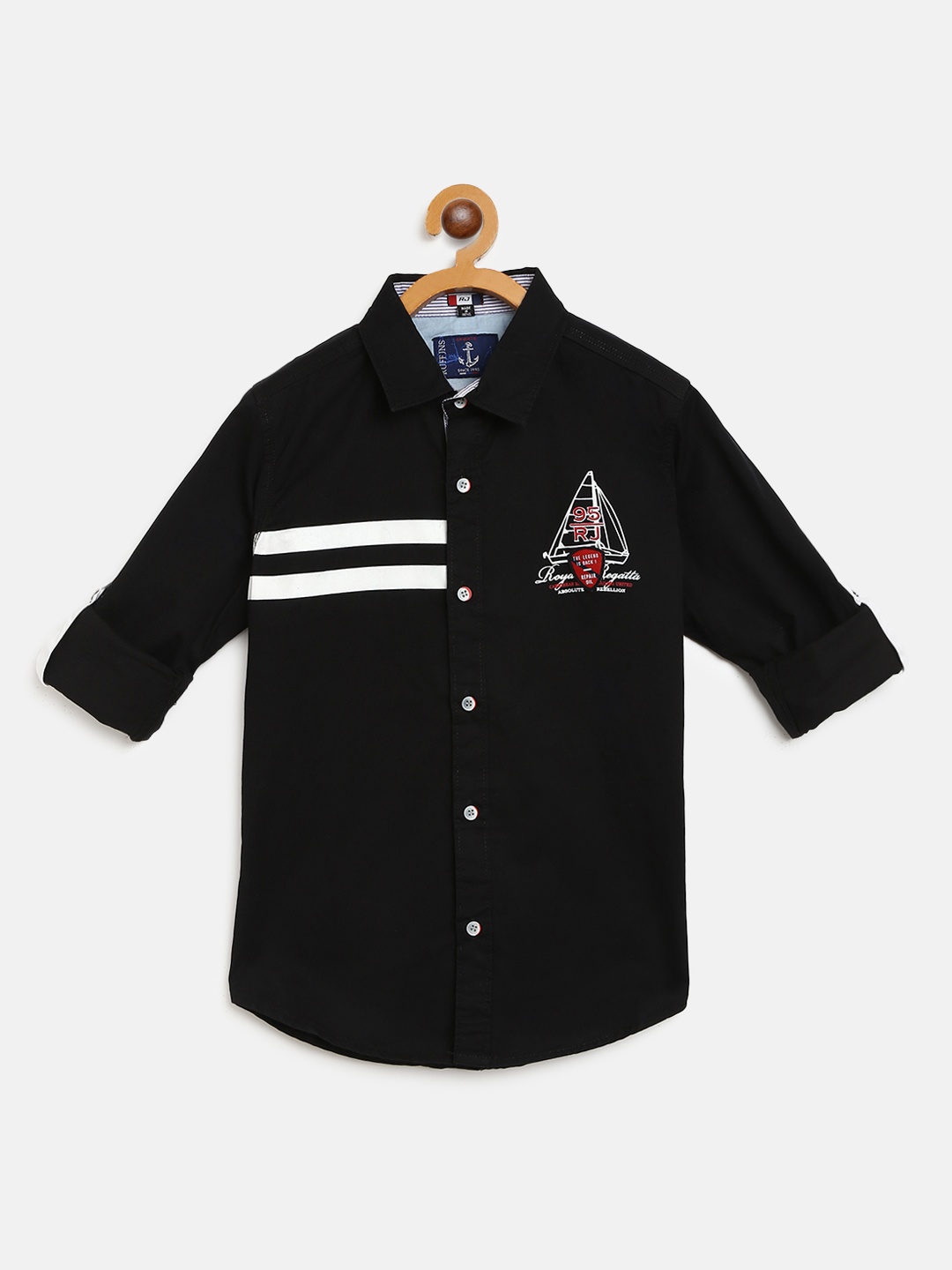 

RUFF Boys Black & White Solid Slim Fit Casual Shirt with Printed Detail
