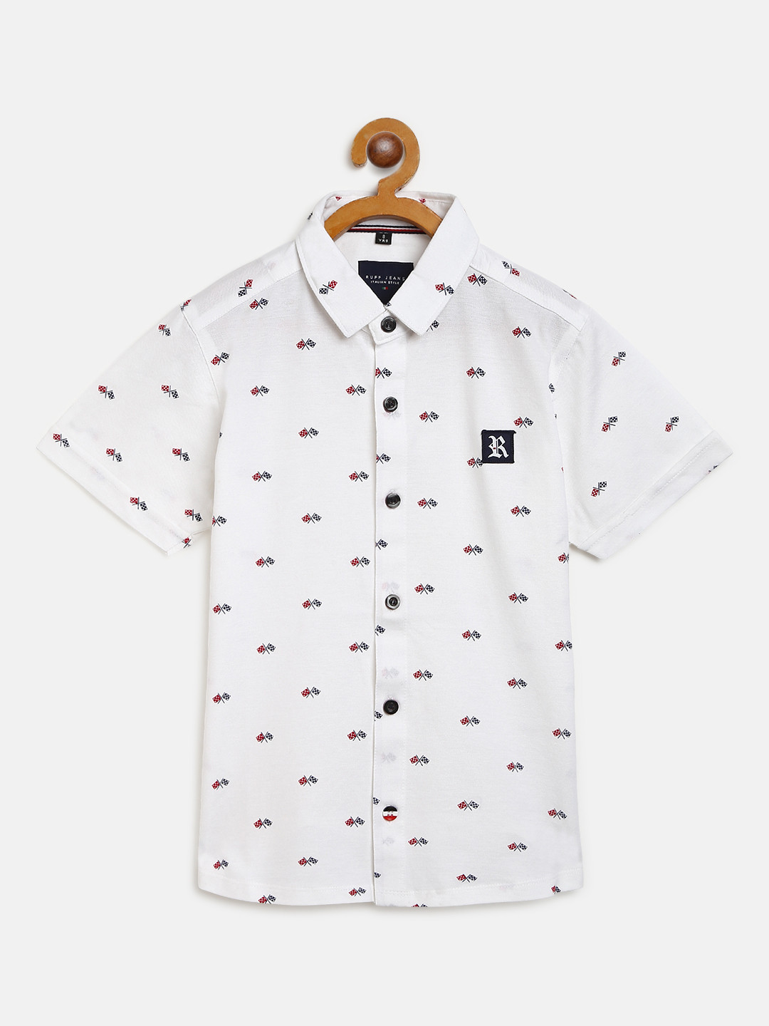 

RUFF Boys White & Navy Blue Slim Fit Flags Printed Casual Shirt