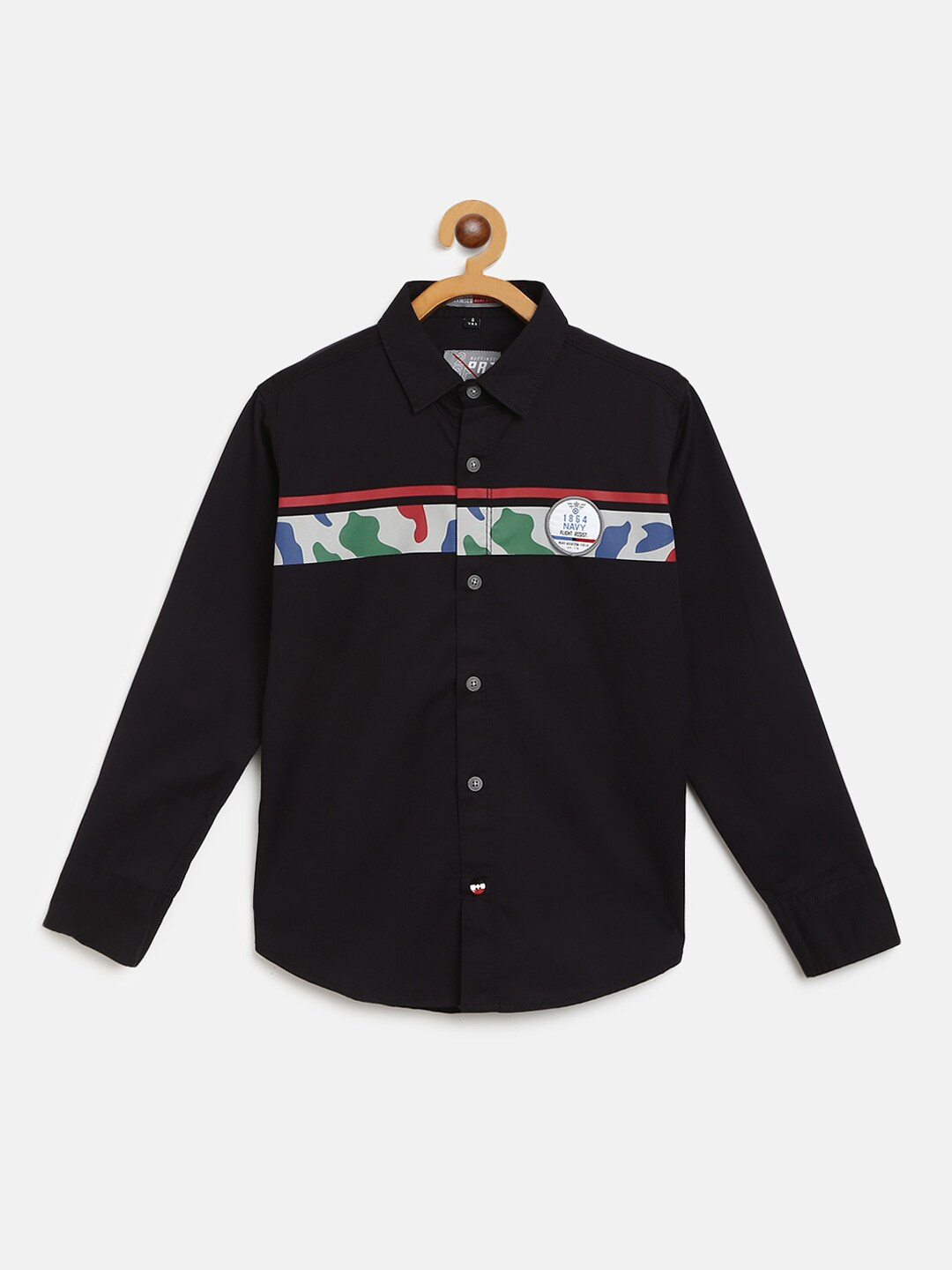 

RUFF Boys Black Solid Slim Fit Casual Shirt with Camouflage Print Detail