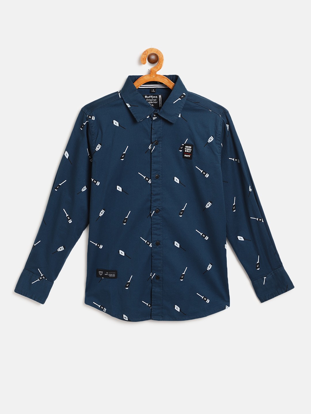 

RUFF Boys Navy Blue & White Slim Fit Quirky Print Casual Shirt