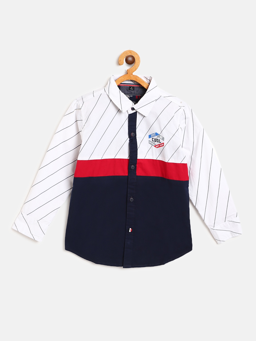 

RUFF Boys White & Navy Blue Slim Fit Striped & Colourblocked Casual Shirt