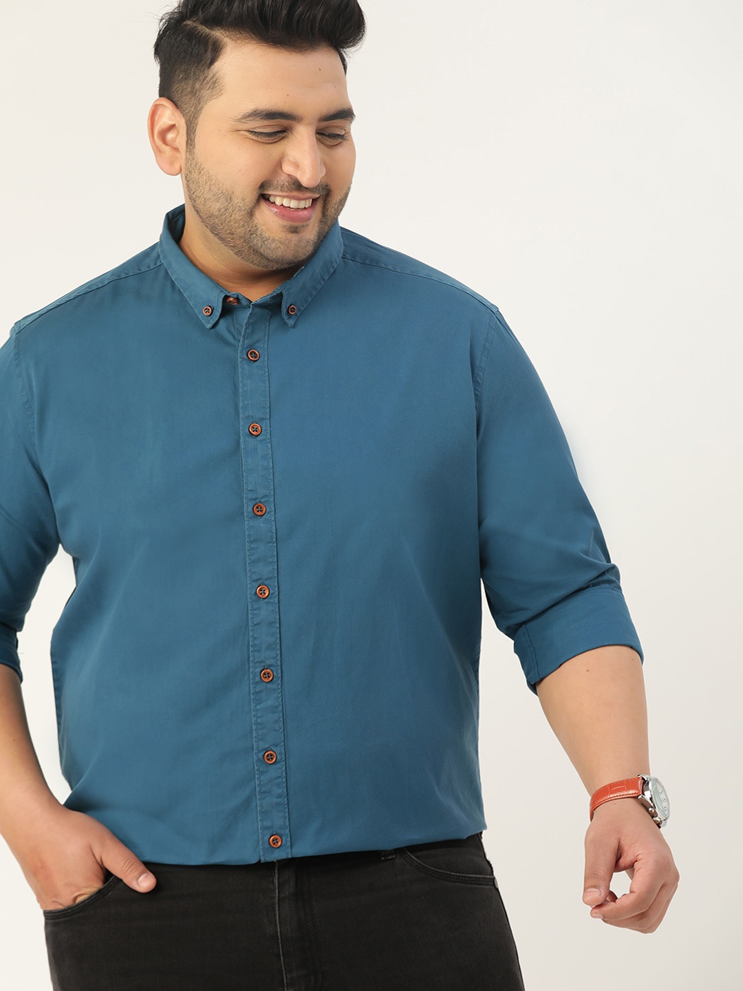 

Sztori Men Plus Size Teal Blue Pure Cotton Casual Shirt