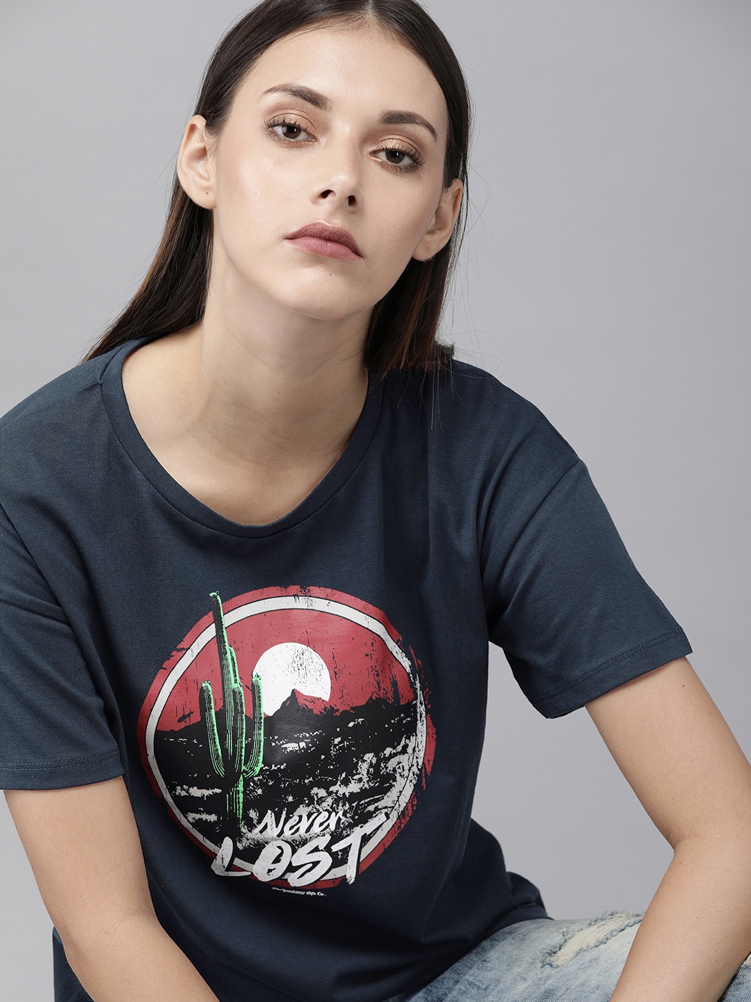 

Roadster Women Navy Blue Printed Round Neck T-shirt