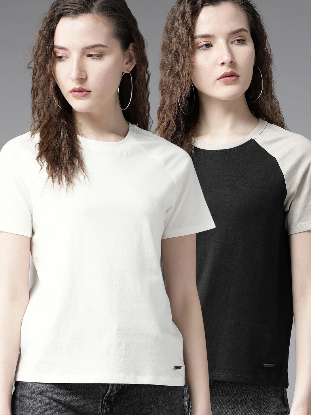 

Roadster Women Pack of 2 Off-White Black Solid Cotton Round Neck Pure Cotton T-shirt