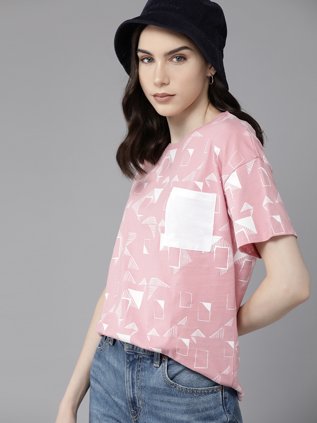 

The Roadster Lifestyle Co. Pure Cotton Pocket Detailing Printed Round Neck T-shirt, Pink