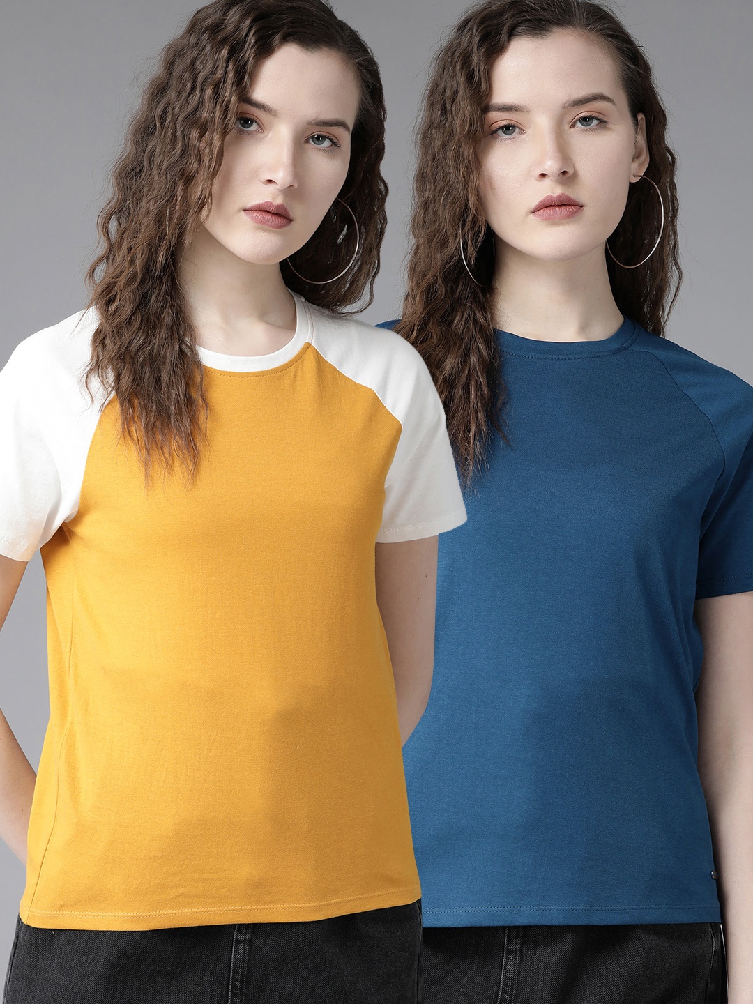 

Roadster Women Pack of 2 Solid Round Neck Pure Cotton T-shirt, Yellow