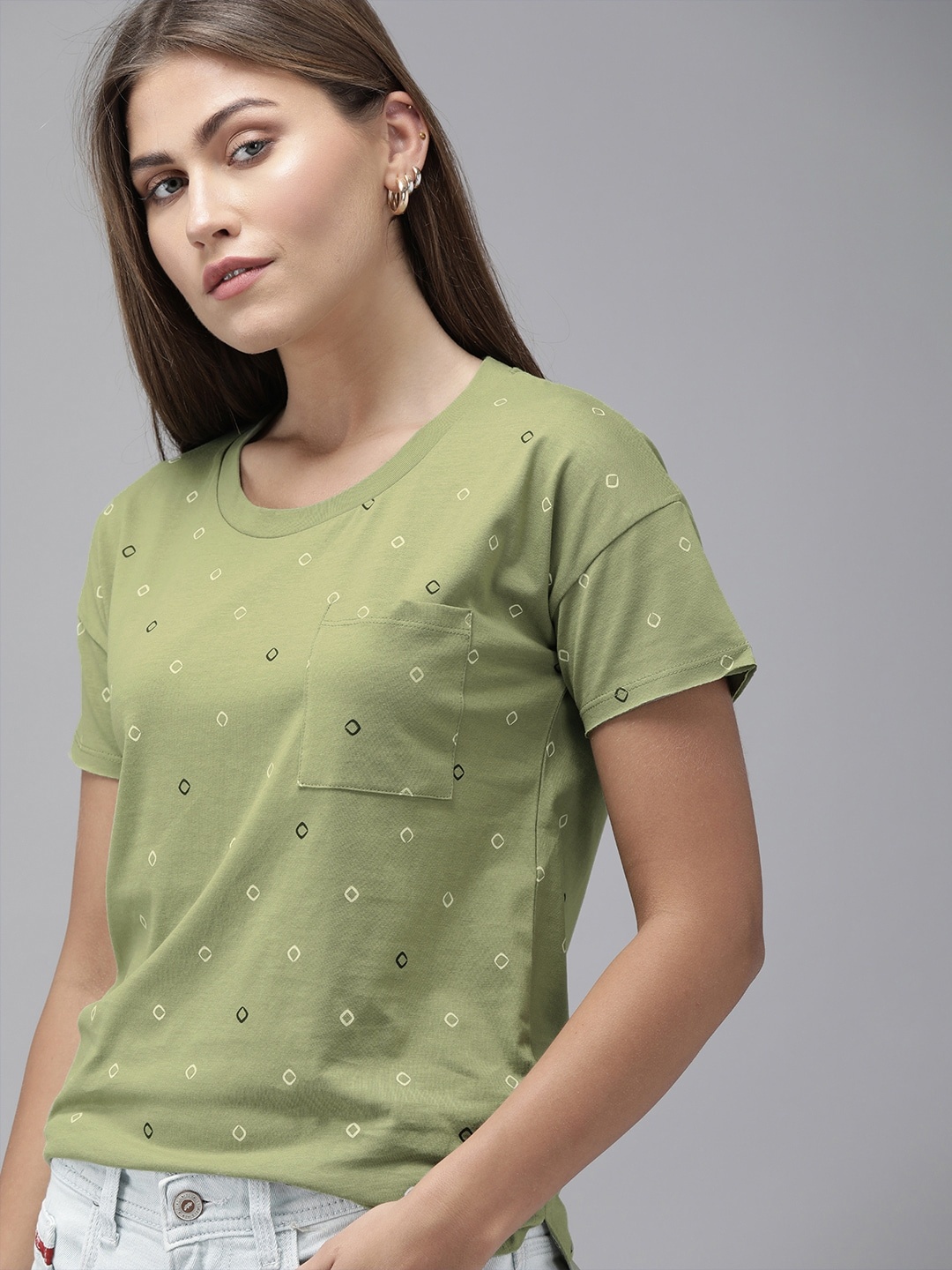 

Roadster Women Olive Green White Printed Round Neck Pure Cotton T-shirt with Pocket