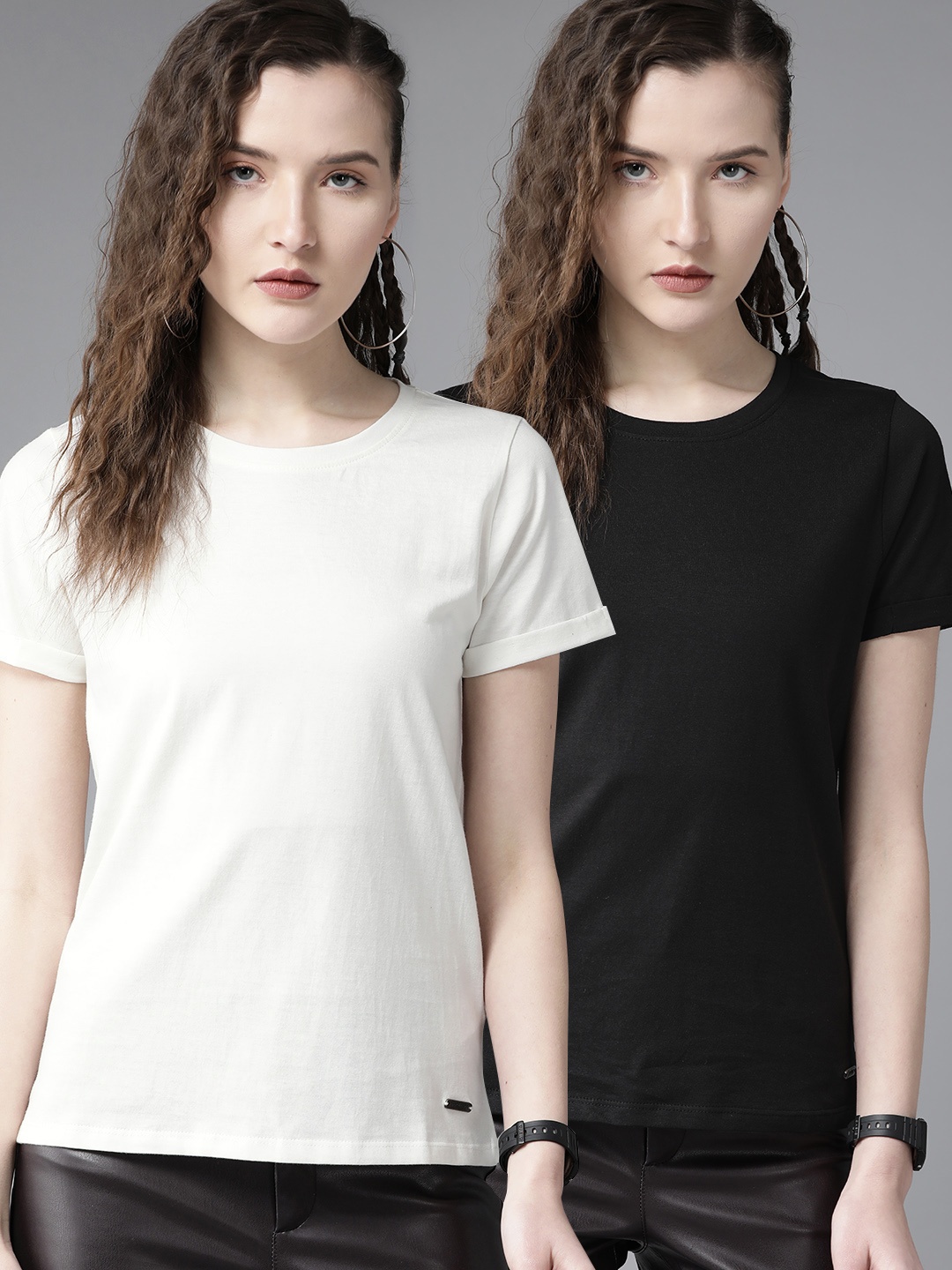 

Roadster Women Pack of 2 Solid Round Neck T-shirts, Off white