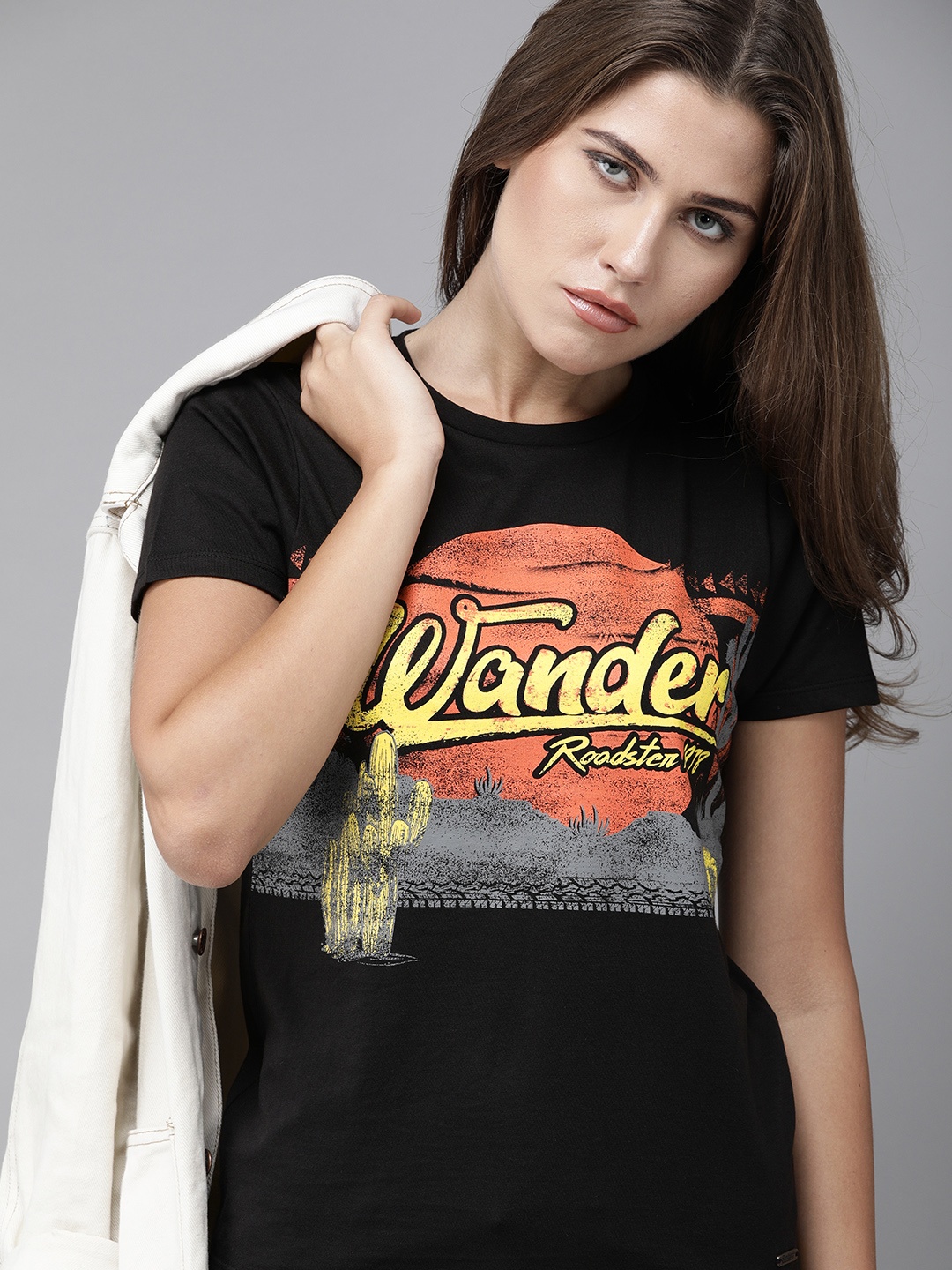 

Roadster Women Black Printed Round Neck Pure Cotton T-shirt