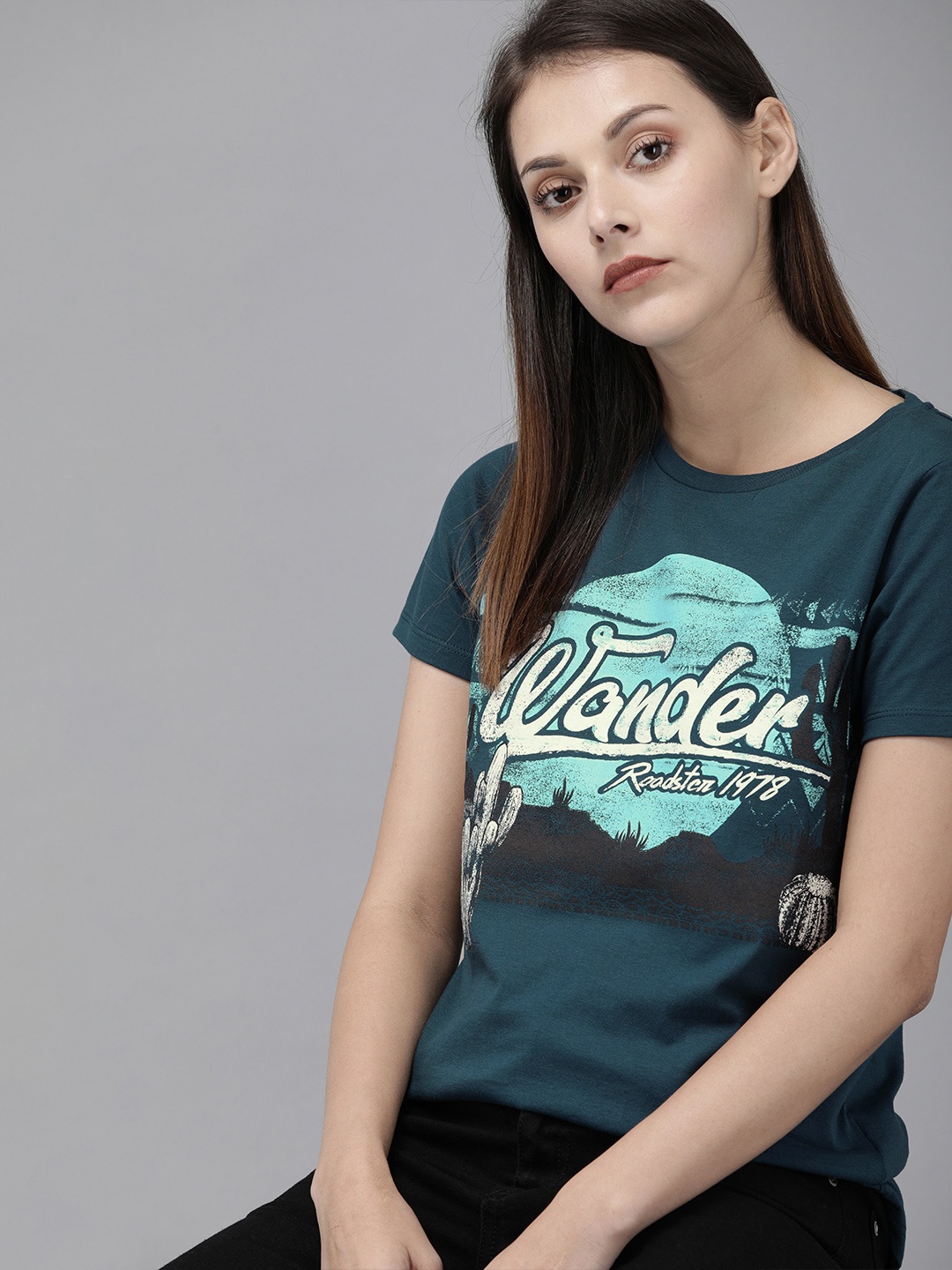 

Roadster Women Navy Blue Printed Round Neck Pure Cotton T-shirt