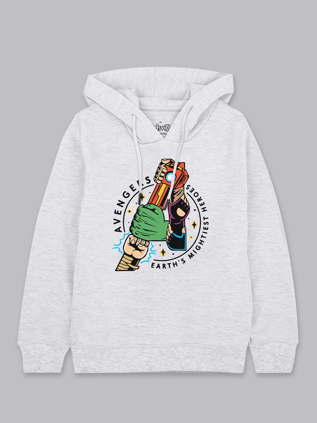 

Kids Ville Boys Grey Melange Avengers Printed Hooded Sweatshirt