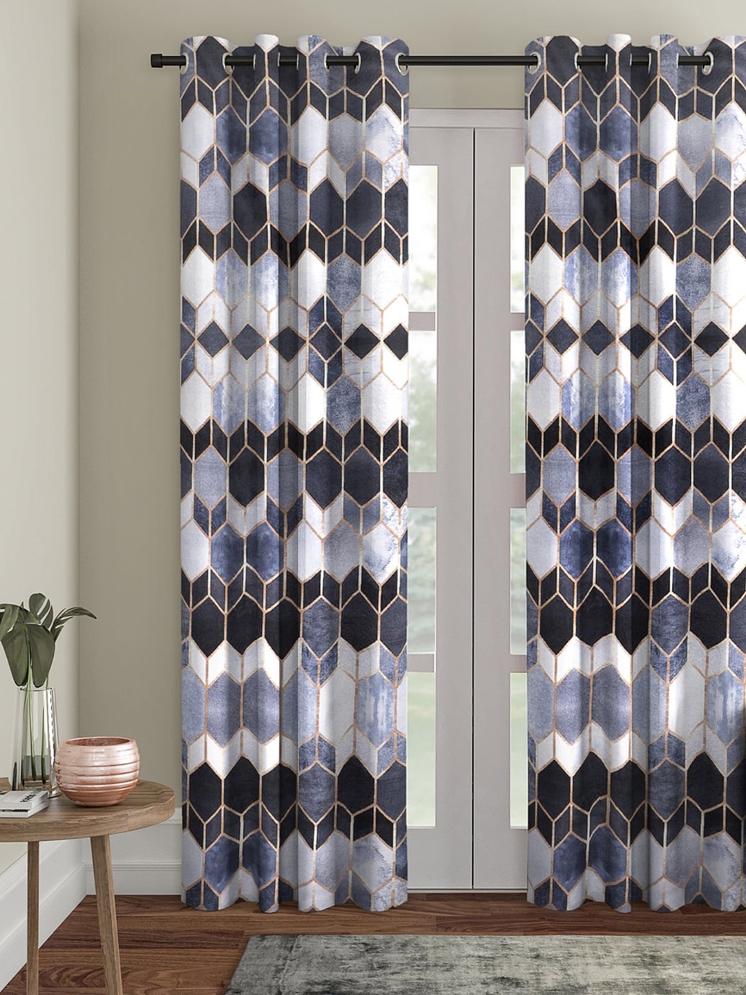 

ROMEE Blue & White Velvet Finish Room Darkening Door Curtain