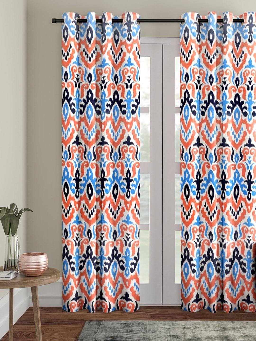 

ROMEE Blue & Orange Ethnic Motifs Single Room Darkening Velvet Finish Door Curtain