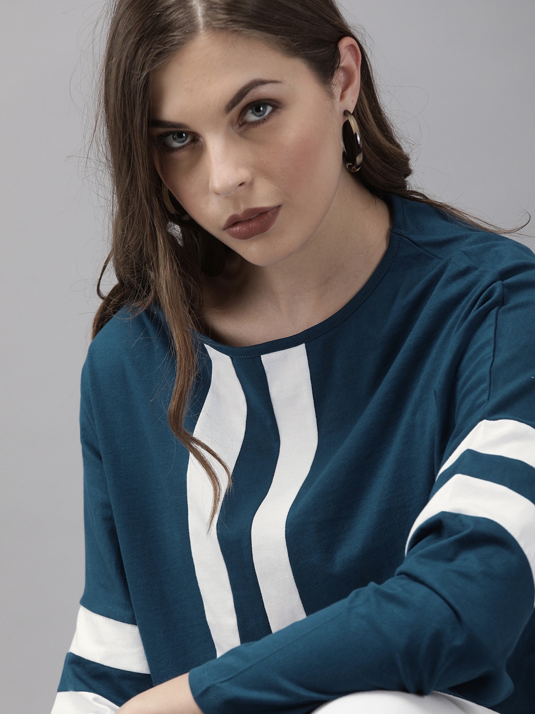 

Roadster Women Teal Blue White Boxy Fit Striped Round Neck Pure Cotton T-shirt
