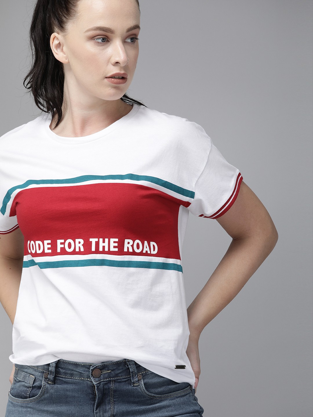 

Roadster Women White Colourblocked Drop-Shoulder Round Neck Pure Cotton T-shirt